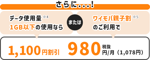さらに割引 データ使用料1GB以下 または ワイモバ親子割のご利用で1100円割引 980円/月（税別）
